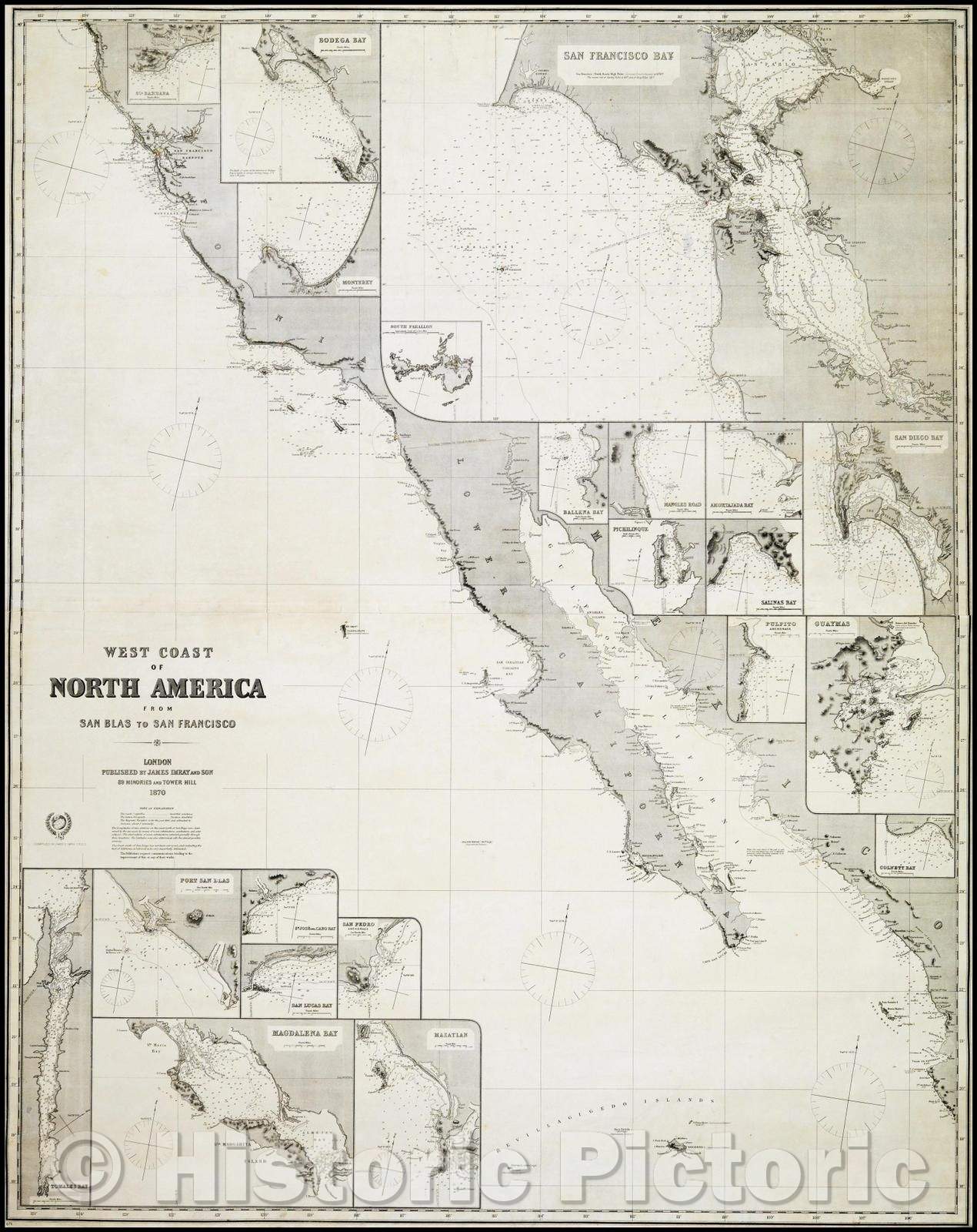 Historic Map - West Coast Of North America From San Blas To San Francisco, 1870, James Imray & Son - Vintage Wall Art
