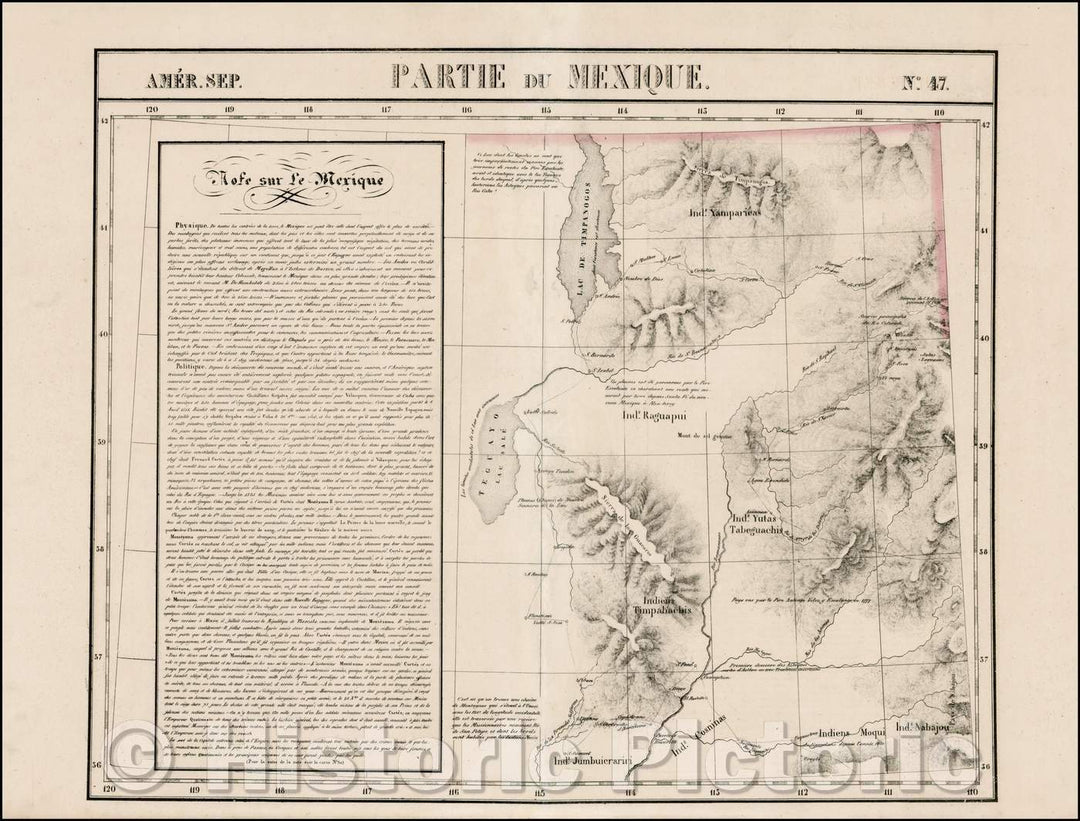 Historic Map - Amer. Sep. No. 47. Partie Du M :: Region from Lake Timpangos, Lake Teguayo and Rio de los Piramides Sulfareas, Colorado and Wyoming, 1827 - Vintage Wall Art