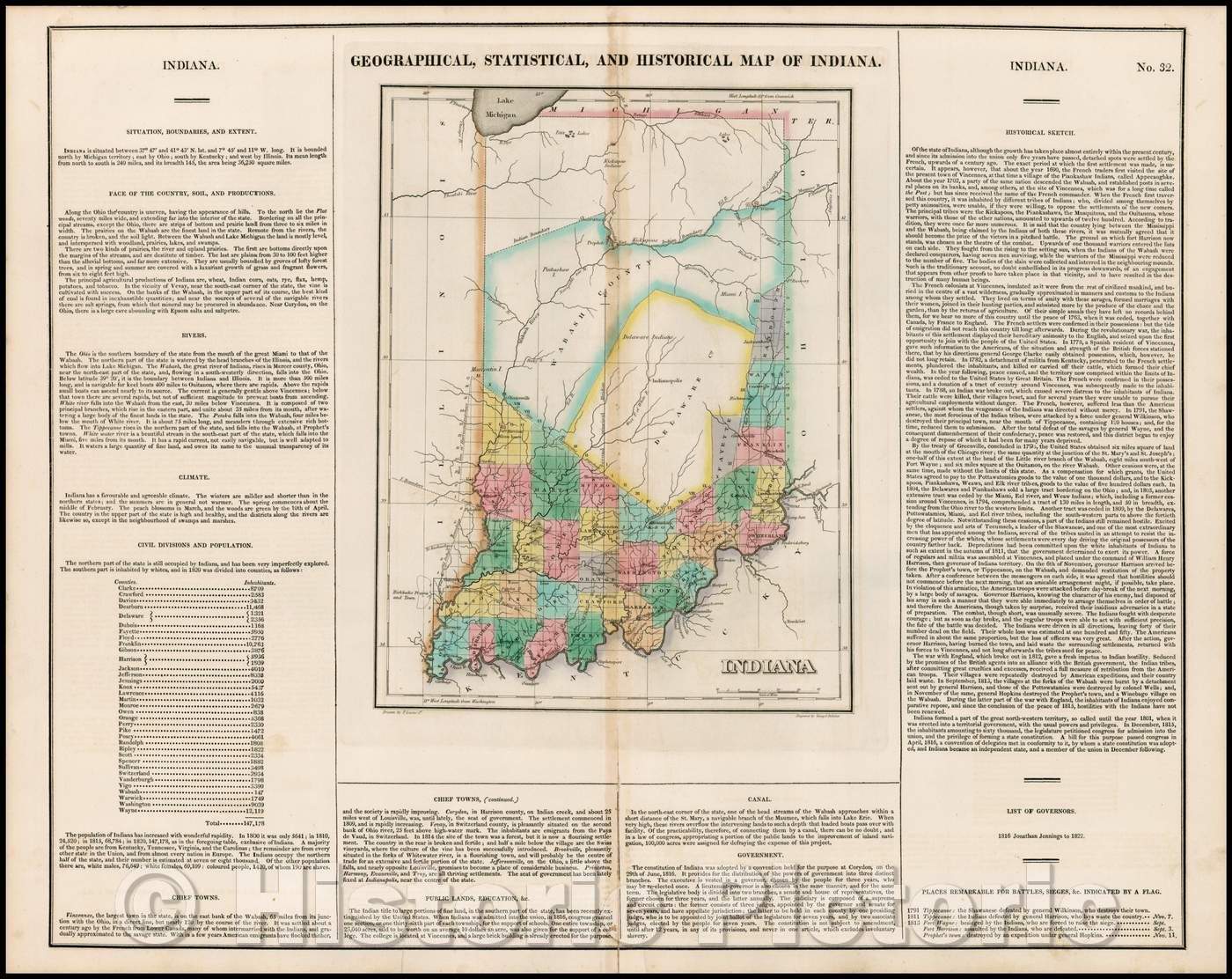 Historic Map - Geographical, Statistical and Historical Map of Indiana, 1822, Henry Charles Carey - Vintage Wall Art