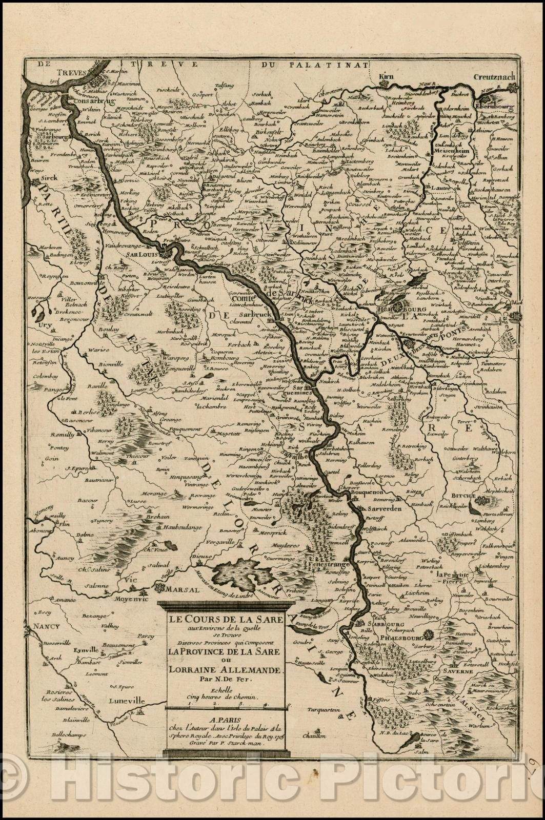 Historic Map - Le Cours De La Sare aux Environs de la quelle se Trouve Diverses Provinces/Map of Saar River, Salm,Sarbourg,Alsace Region to Tgrevers, 1705 - Vintage Wall Art