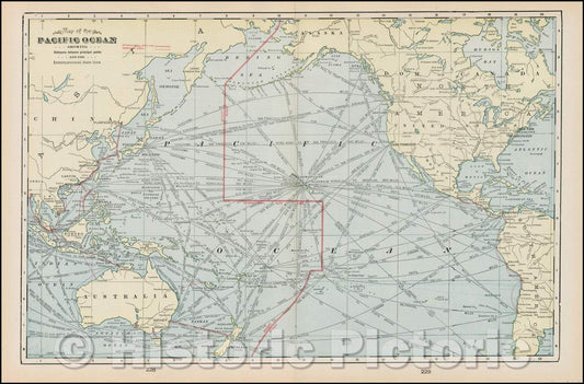 Historic Map :  Map of the Pacific Ocean Showing Distances Between Principal Pacific and the International Date Line : Vintage Wall Art