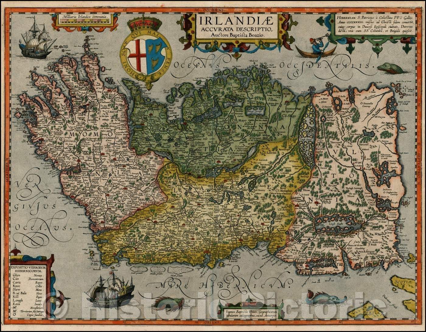 Historic Map - Irlandiae Accurata Descriptio Auctore Baptista Boazio, 1609, Abraham Ortelius - Vintage Wall Art