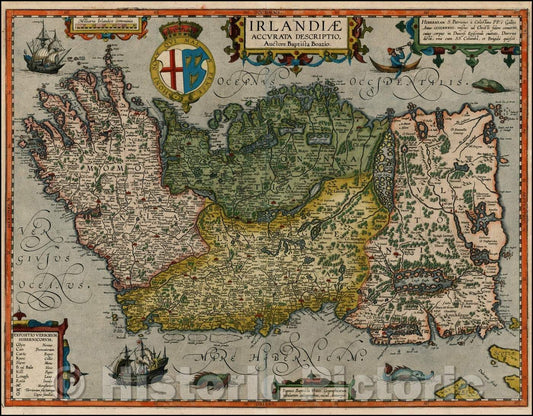 Historic Map - Irlandiae Accurata Descriptio Auctore Baptista Boazio, 1609, Abraham Ortelius - Vintage Wall Art