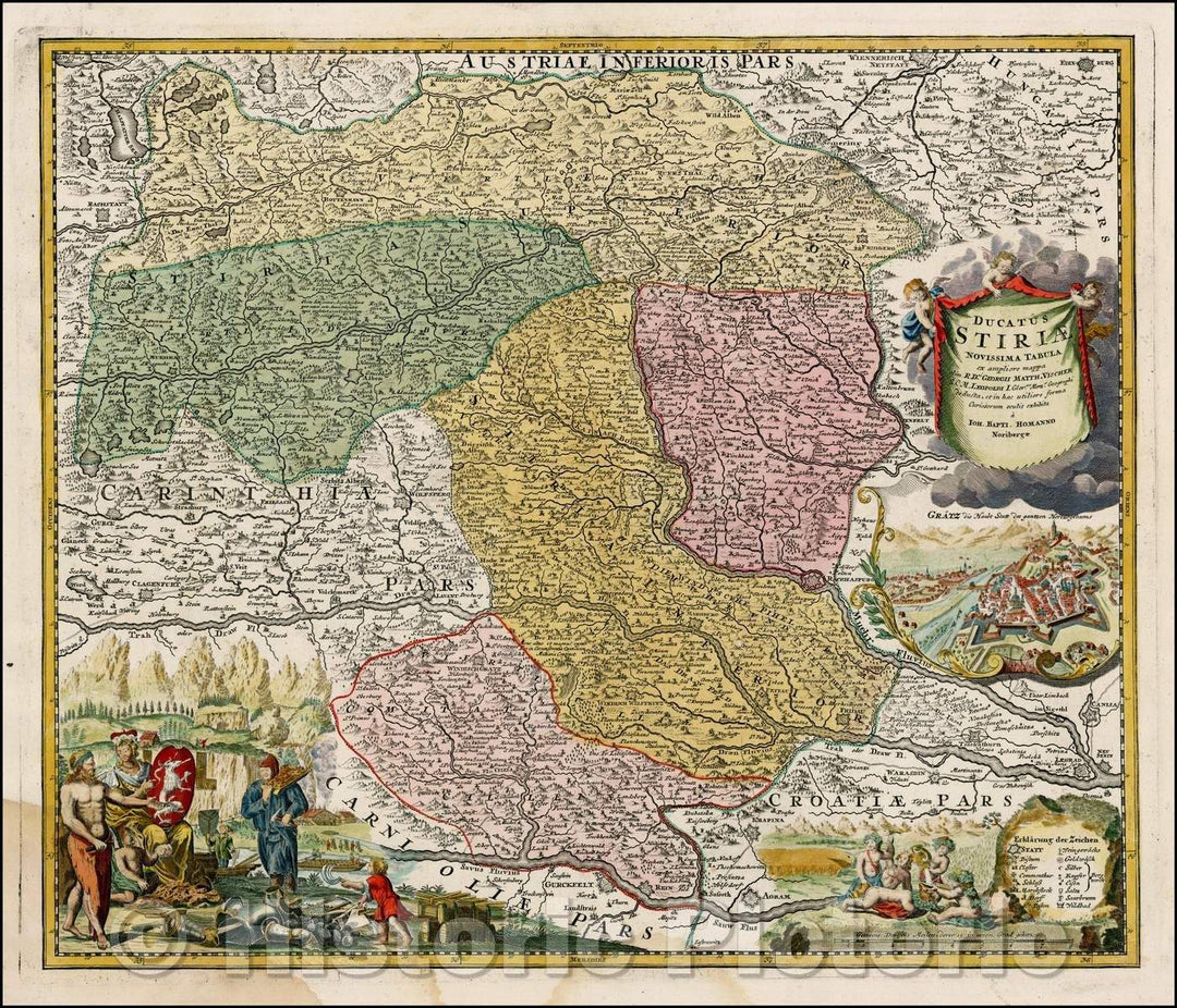 Historic Map - Ducatus Stiriae Novissima Tabula exampliore Mappa olim R.Dni. Georgii Matth. Vischer/Map of Steiermark, Austria, 1720, Johann Baptist Homann - Vintage Wall Art