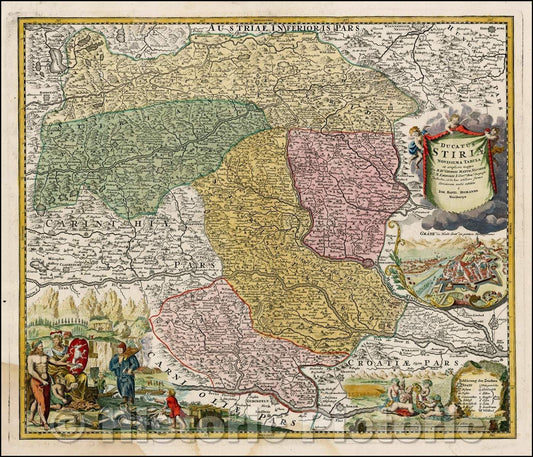 Historic Map - Ducatus Stiriae Novissima Tabula exampliore Mappa olim R.Dni. Georgii Matth. Vischer/Map of Steiermark, Austria, 1720, Johann Baptist Homann - Vintage Wall Art