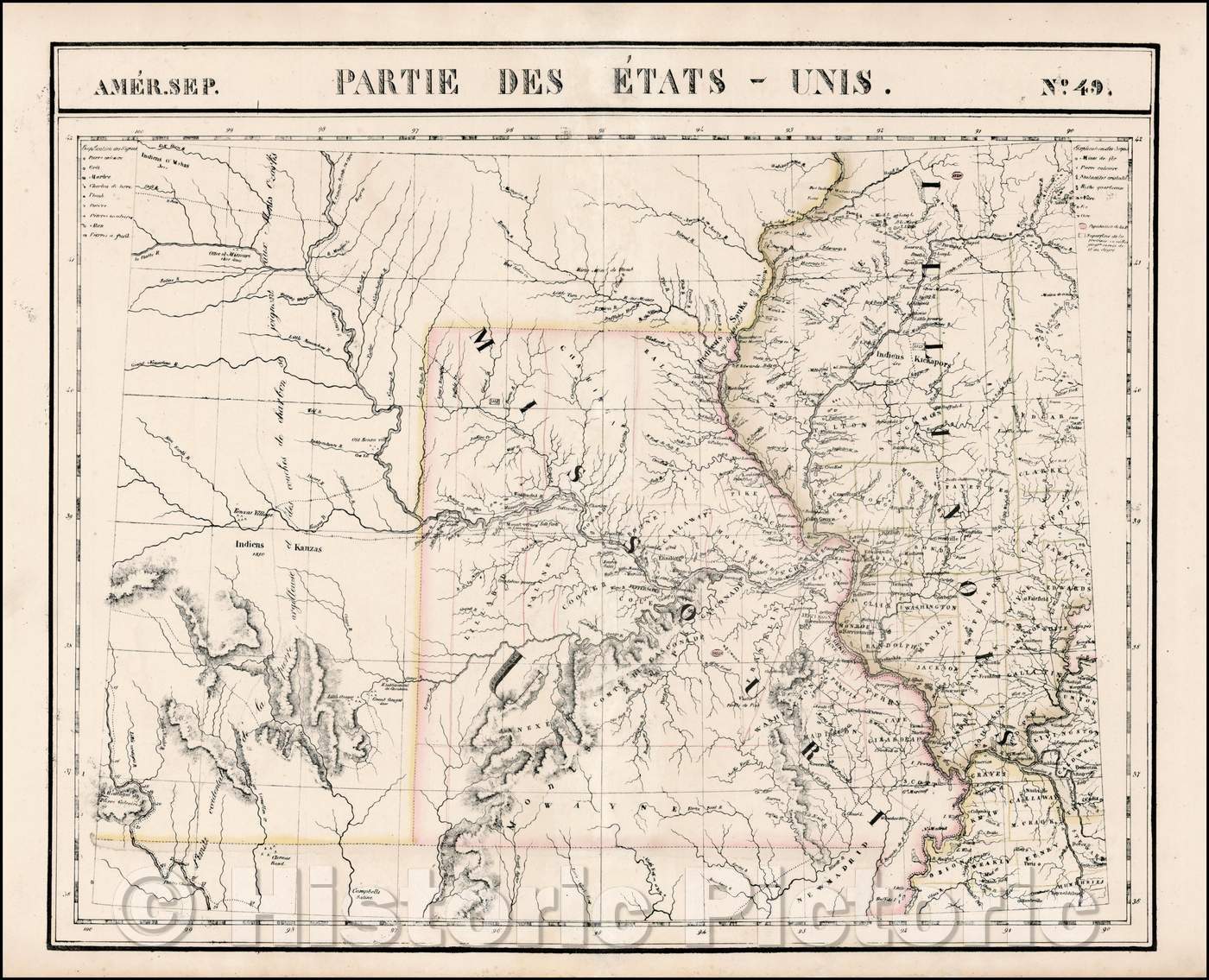 Historic Map - Amer. Sep. No. 49. Partie des ?ats Unis Missouri, Illinois, Indian Territory, Kansas, Nebraska, Iowa, 1825, Philippe Marie Vandermaelen v1