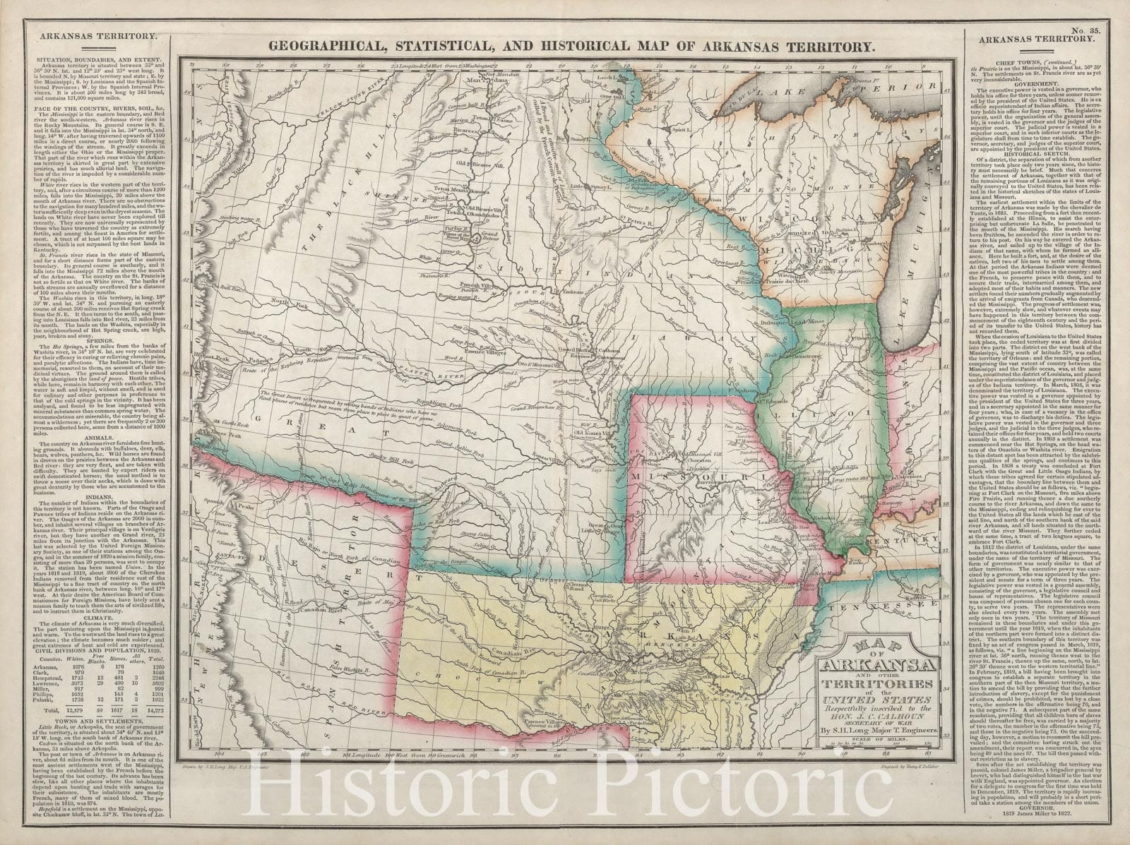 Arkansas Territory - Stephen Long Map, 1822 | Historical Map Print