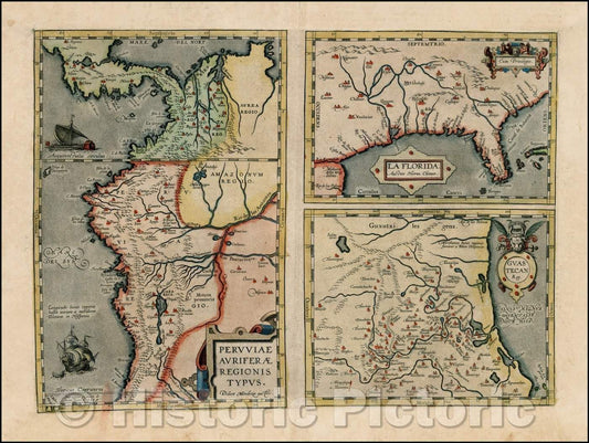 Historic Map - La Florida [with] Guastecan [with] Peruviae Avriferae Regionis Typus, 1595, Abraham Ortelius - Vintage Wall Art