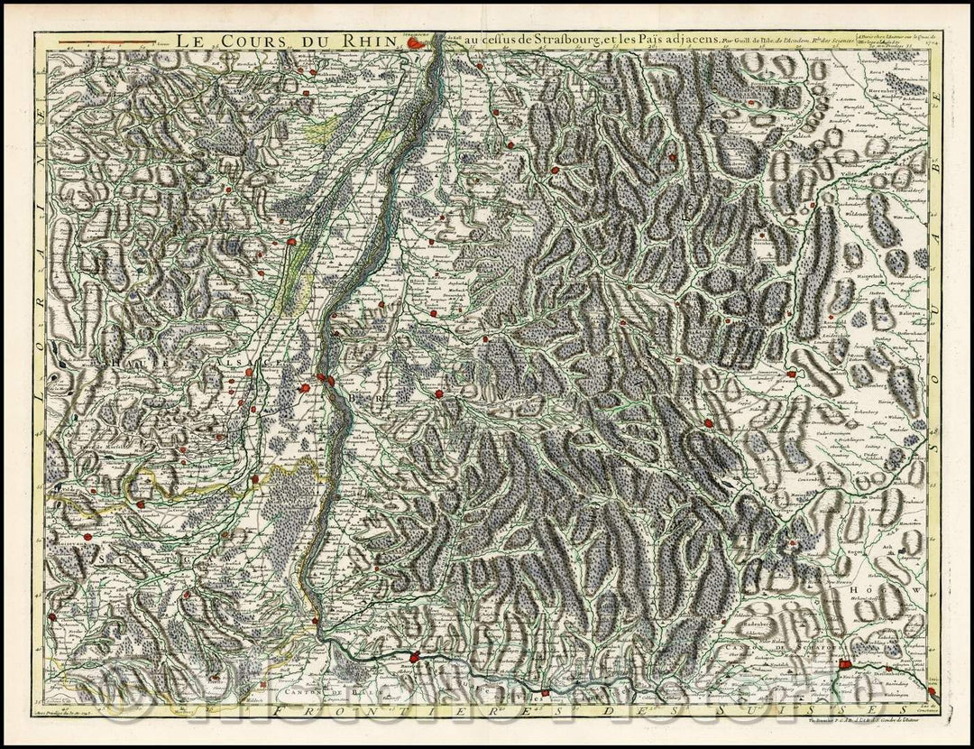 Historic Map - Le Cours du Rhin au dessus de Strasbourg et les Pais adj :: Rhine River and neighboring Regions, from Strassbourg to the Swiss Alps, 1704 - Vintage Wall Art