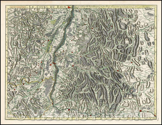 Historic Map - Le Cours du Rhin au dessus de Strasbourg et les Pais adj :: Rhine River and neighboring Regions, from Strassbourg to the Swiss Alps, 1704 - Vintage Wall Art