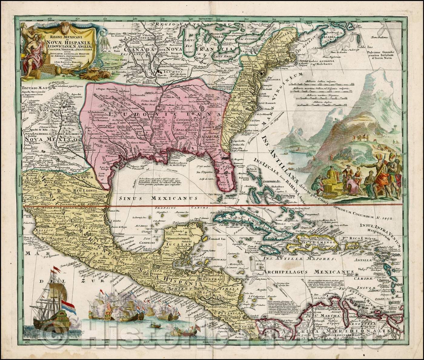 Historic Map - Regni Mexicani seu Novae Hispaniae, Floridae, Novae Angliae, Carolinae, Virginiae, 1720, Johann Baptist Homann v1