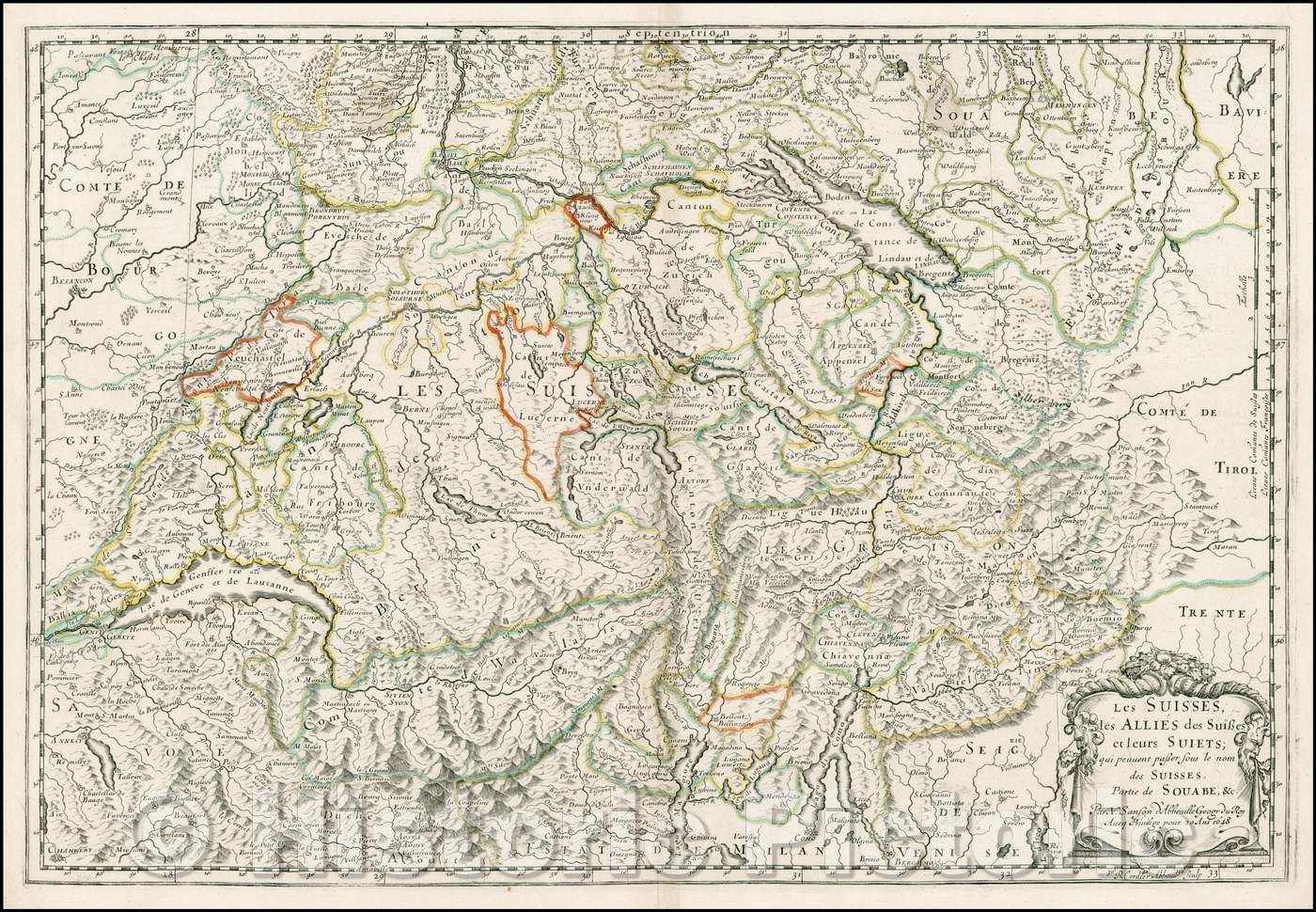 Historic Map - Les Suisses les Allies des Suisses et leurs Suiets; qui peuvent passer Sous le mon de Suisses. Partie de Souabe, 1648, Nicolas Sanson - Vintage Wall Art