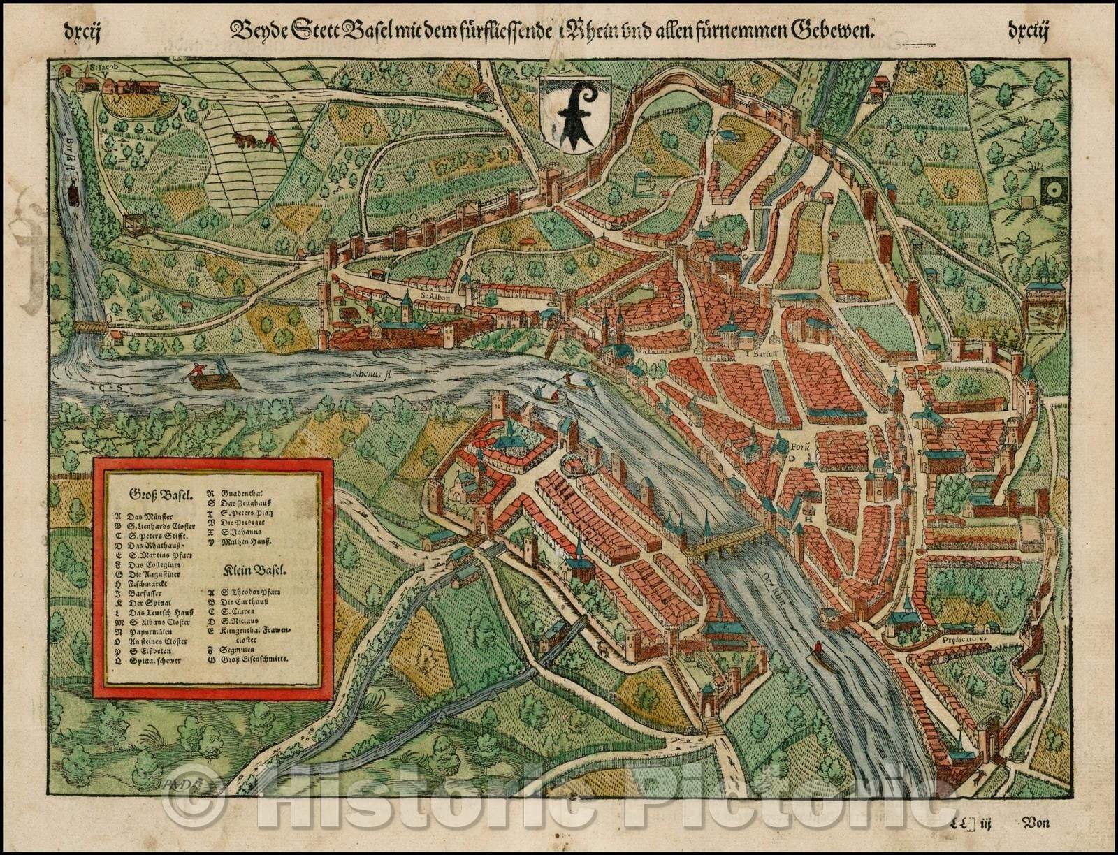 Historic Map - Bende Stett Basel mid dem Furfliessenden Rhein, 1579, Sebastian M?nster - Vintage Wall Art