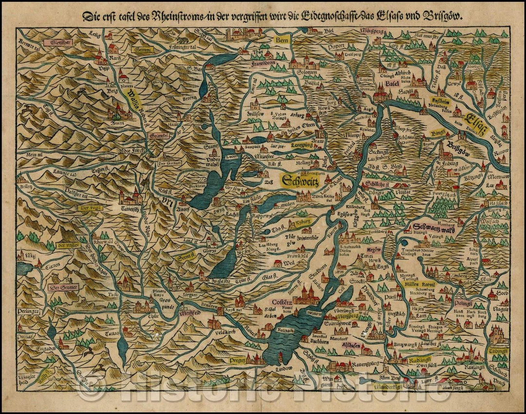 Historic Map - Die Erst tafel des Rheinsroms/in der vergriffen wirt die Eidtgnoschafft/Regional Map, centered on Switzerland and the Upper Rhein River, 1545 - Vintage Wall Art