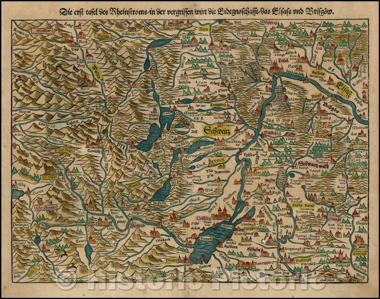 Historic Map - Die Erst tafel des Rheinsroms/in der vergriffen wirt die Eidtgnoschafft/Regional Map, centered on Switzerland and the Upper Rhein River, 1545 - Vintage Wall Art
