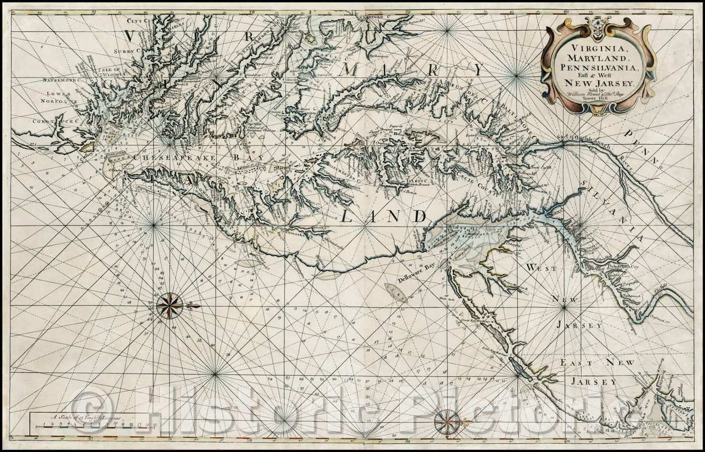 Historic Map - Virginia, Maryland, Pennsilvania, East & West New Jarsey. Sold, 1742, William Mount - Vintage Wall Art