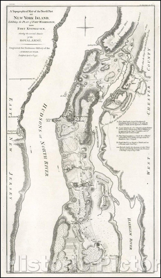 Historic Map - A Topographical Map of the Northn. Part of New York Island, Exhibiting the Plan of Fort Washington, now Fort Knyphausen, 1793, Charles Stedman v2