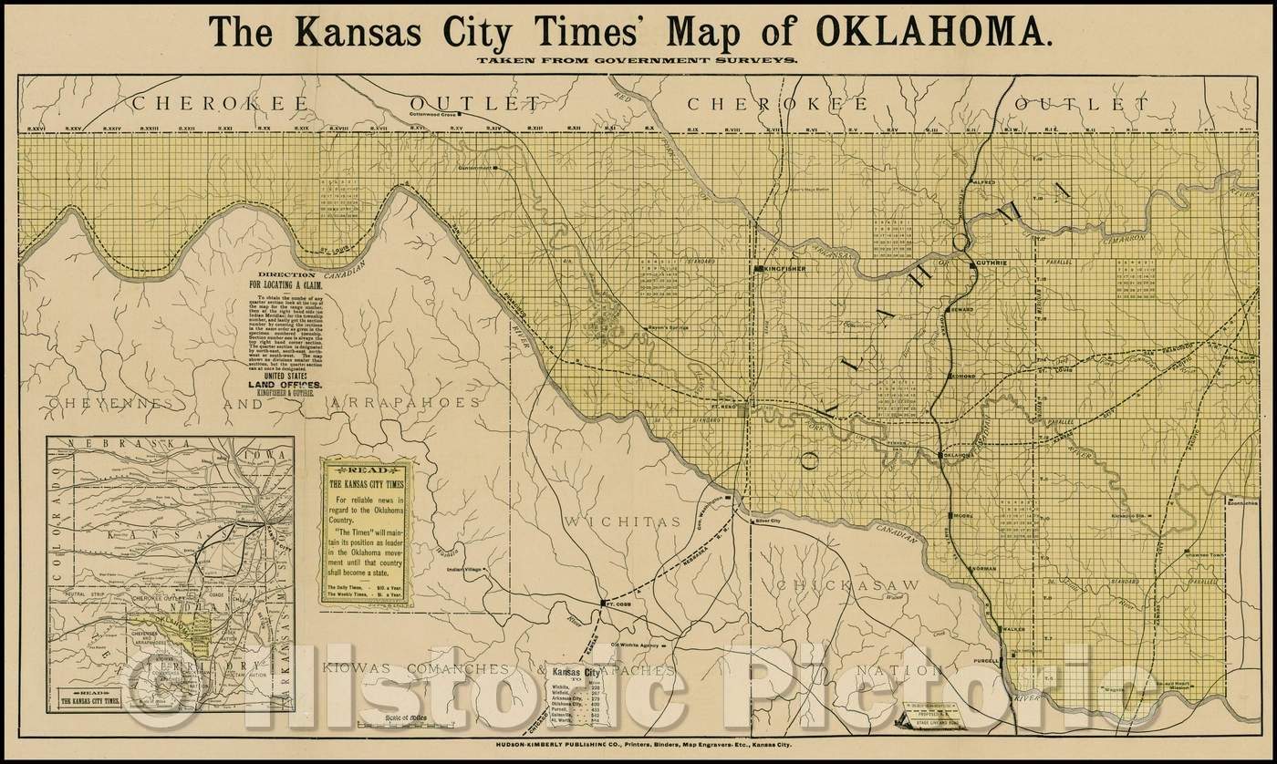 Historic Map - The Kansas City Times? Map of Oklahoma. Taken from Government Surveys, 1889, Hudson Kimberly Publishing Company - Vintage Wall Art