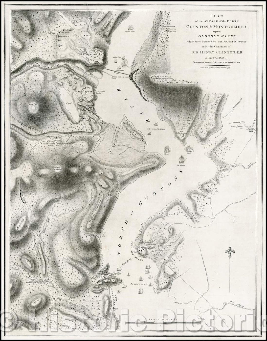 Historic Map - Plan of the Attack of the Forts Clinton & Montgomery upon Hudsons River which were Stormed, 1794, Charles Stedman - Vintage Wall Art