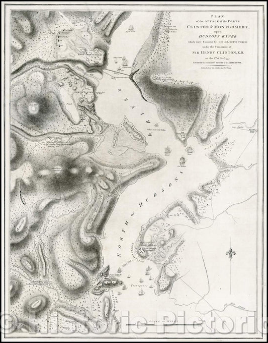 Historic Map - Plan of the Attack of the Forts Clinton & Montgomery upon Hudsons River which were Stormed, 1794, Charles Stedman - Vintage Wall Art