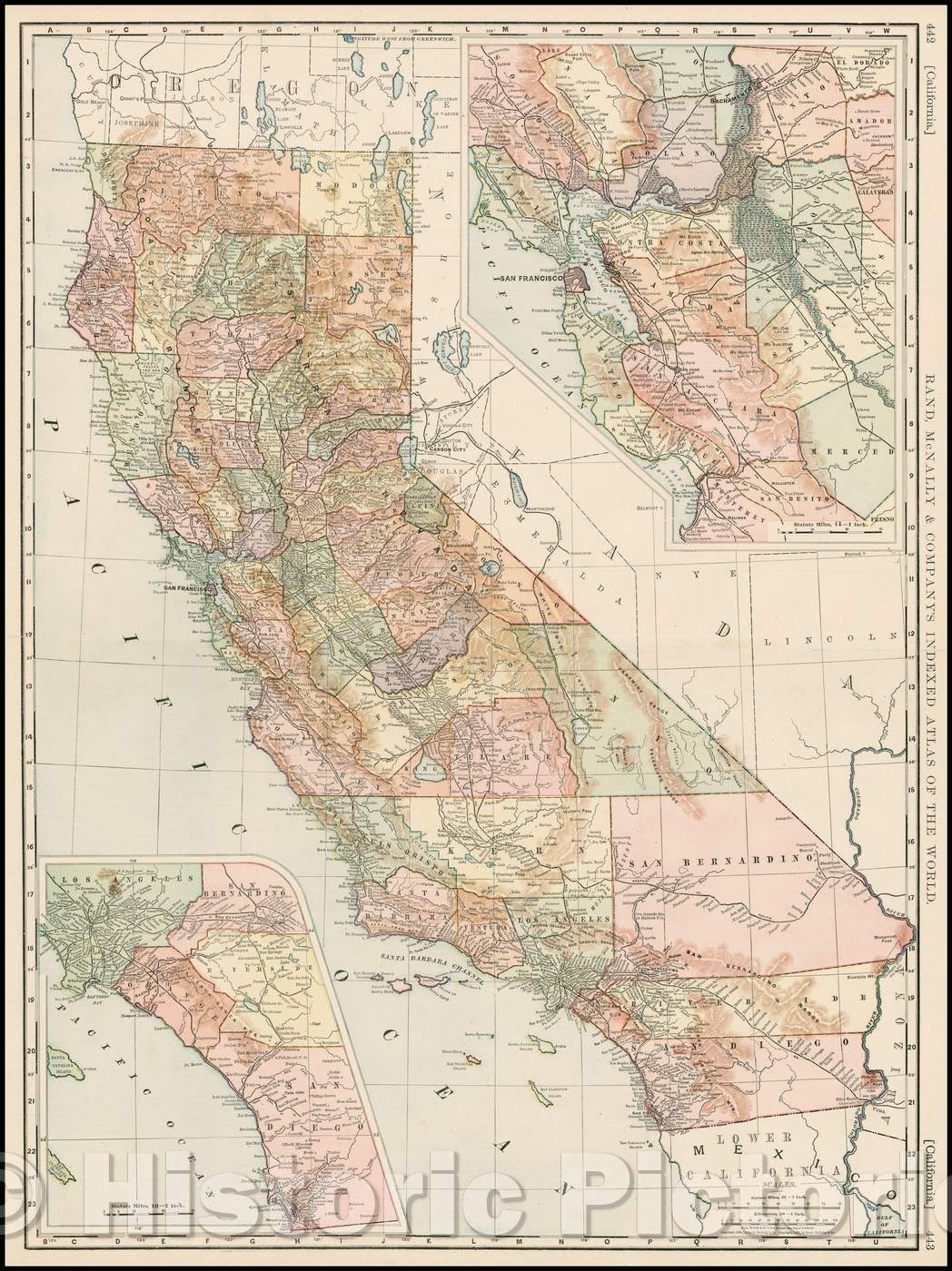 Historic Map - California, 1895, William Rand - Vintage Wall Art