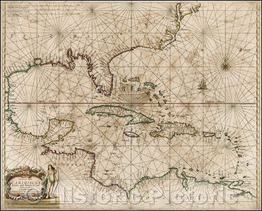 Historic Map - Pascaerte vande Caribische Eylanden, vande Barbados tot aende Bocht van Me, 1659 - Vintage Wall Art