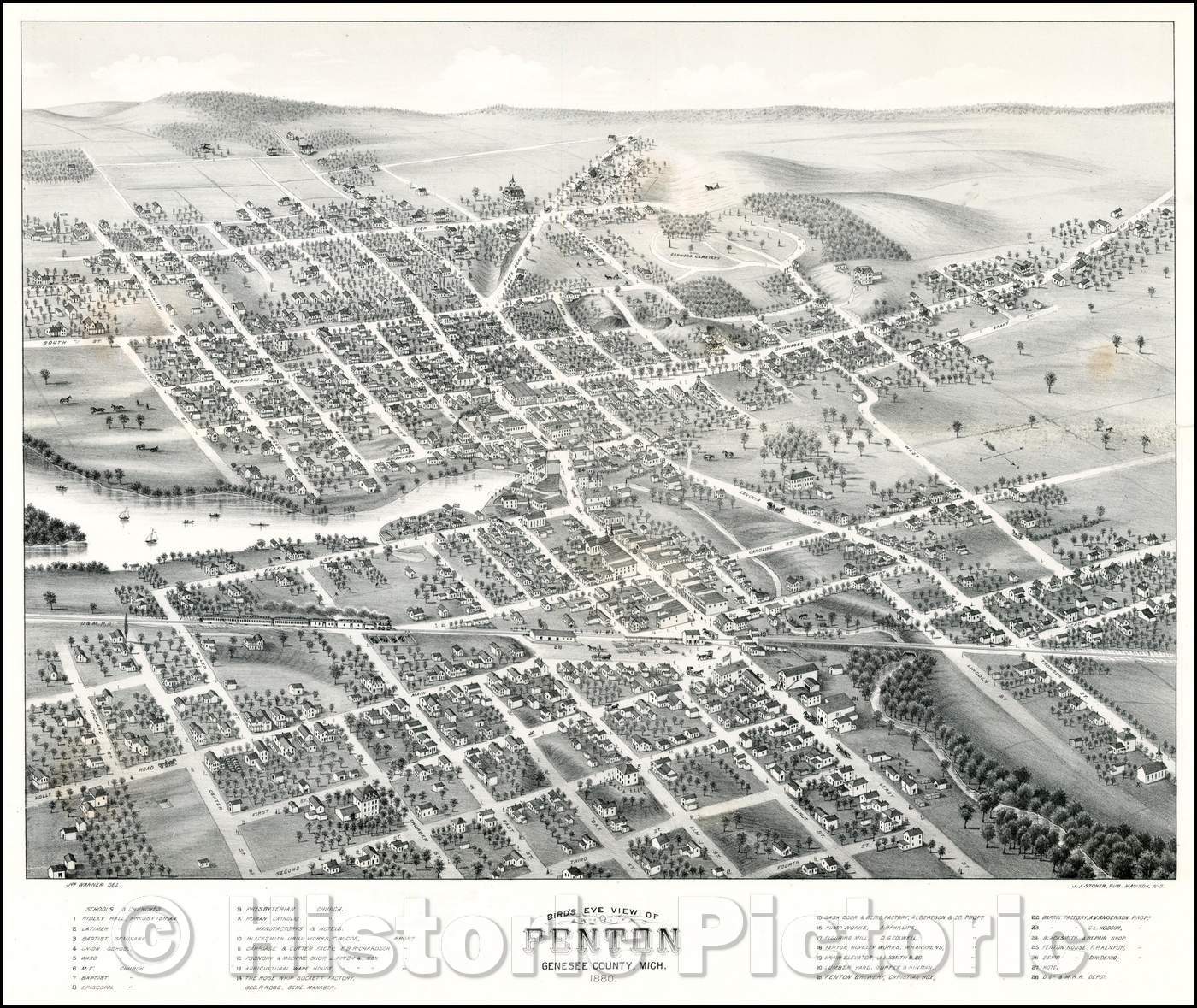 Historic Map - Bird's Eye View of Fenton Genessee County, Mich, 1880, J.J. Stoner - Vintage Wall Art