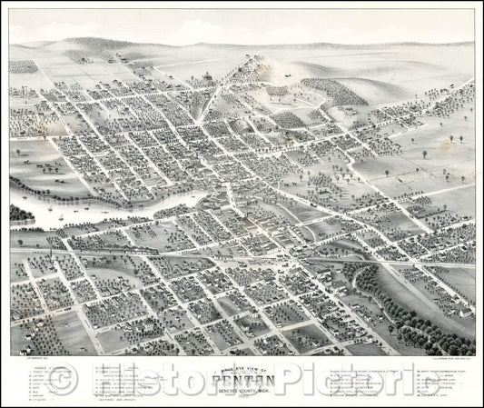 Historic Map - Bird's Eye View of Fenton Genessee County, Mich, 1880, J.J. Stoner - Vintage Wall Art