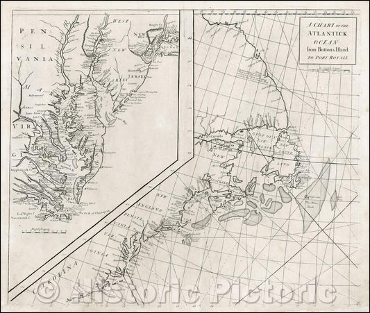 Historic Map - A Chart of the Atlantick Ocean from Buttons Island To Port Royall, Chesapeake Bay, Delaware Bay, New York City and Vicinity, 1728 - Vintage Wall Art