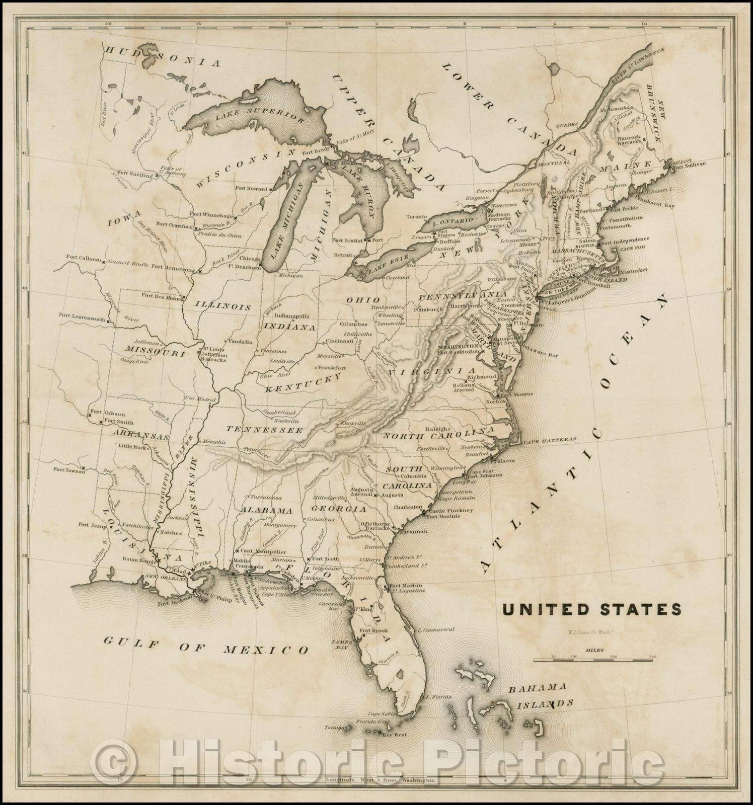 Historic Map - United States, 1836, W.J. Stone - Vintage Wall Art