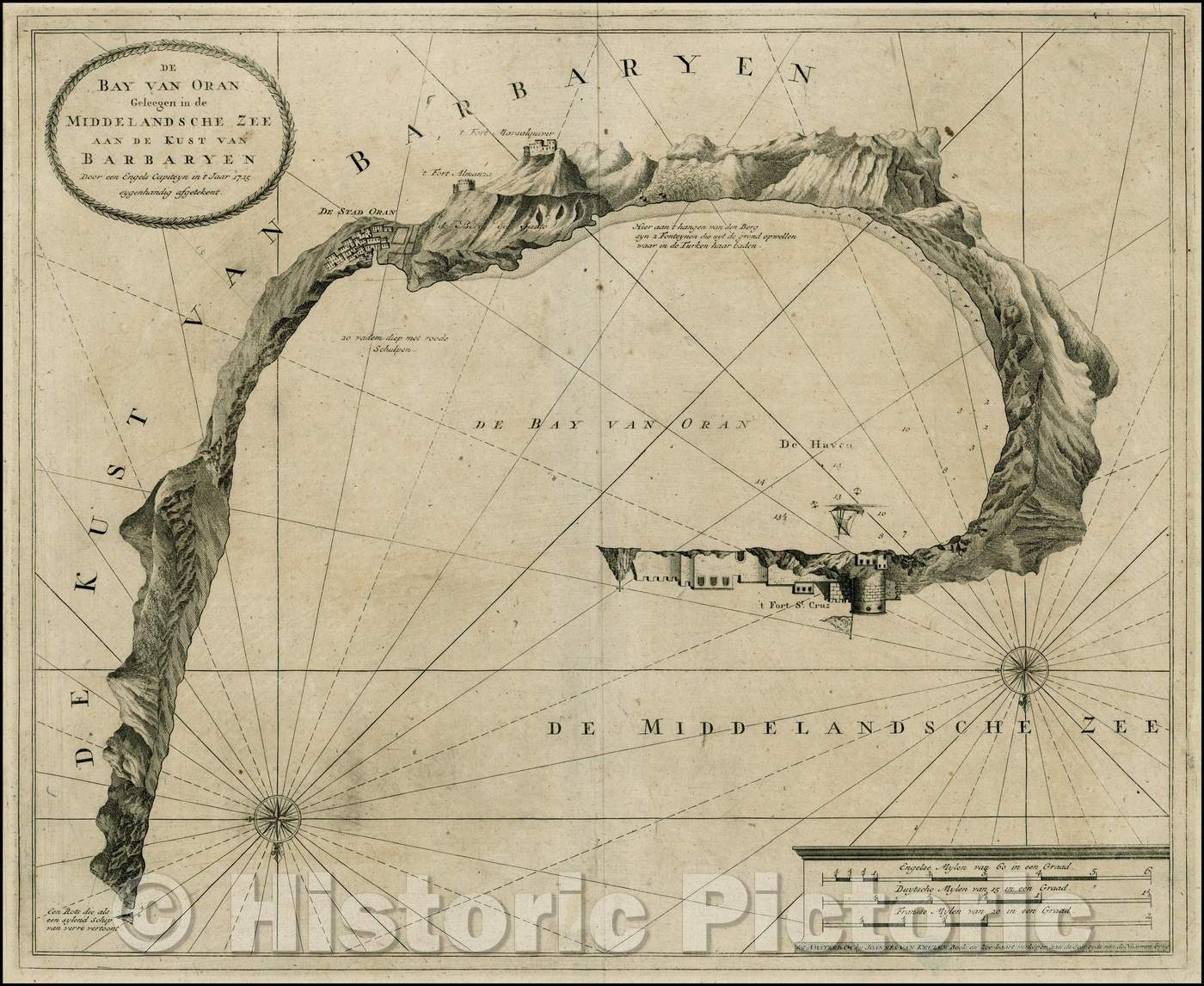 Historic Map - De Bay Van Oran Geleegen in de Middelandsche Zee Aan De/Plan of the Harbor at Oran, showing coastal profiles towns, castles, etc, 1725 - Vintage Wall Art