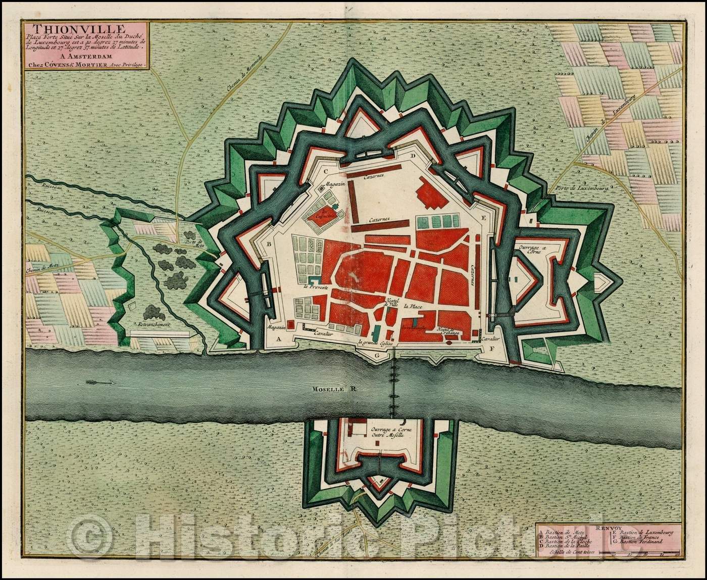 Historic Map - Thionville Place Fort Situe Sur la Moselle du Duche de Luxembourg/Covens and Mortier's Plan of Thionville, 1745, Johannes Covens - Vintage Wall Art