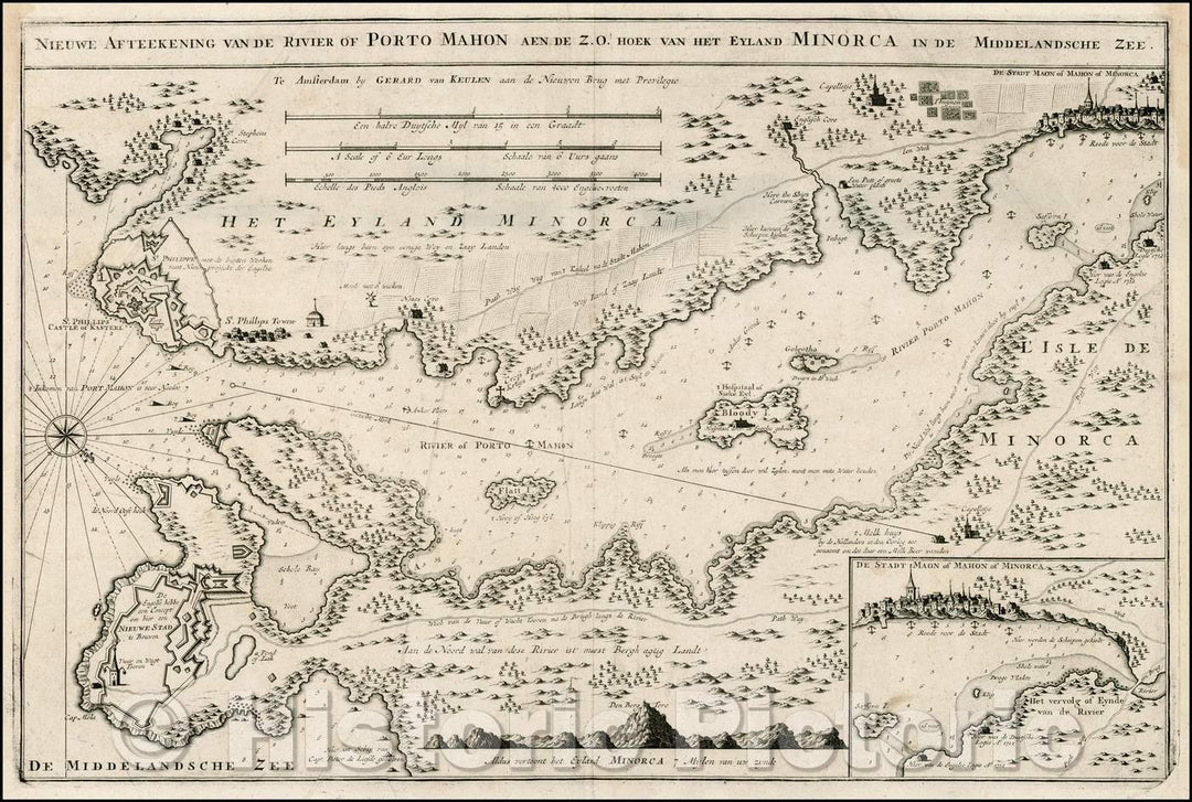 Historic Map - Nieuwe Afteekening van de Rivier of Porto Mahon aen de Z.O. / Chart of the bay and harbor of Mahon, on the Island of Minorca, 1734 - Vintage Wall Art
