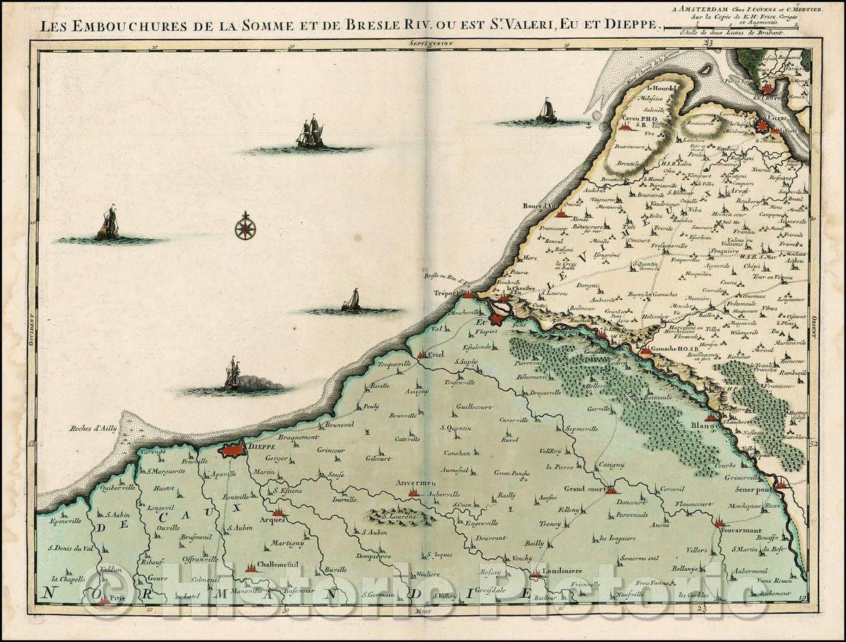 Historic Map - Les Embouchures de la Somme et de Bresle Riv. ou est St. Valeri/Covens and Mortier's Map of the French Coast, 1720, Johannes Covens - Vintage Wall Art
