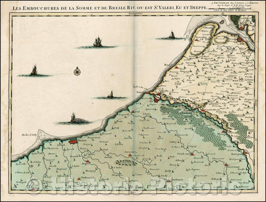 Historic Map - Les Embouchures de la Somme et de Bresle Riv. ou est St. Valeri/Covens and Mortier's Map of the French Coast, 1720, Johannes Covens - Vintage Wall Art