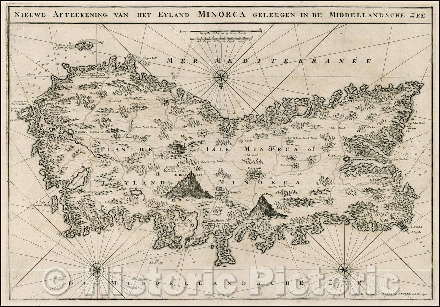 Historic Map - Nieuwe Afteeekenign van het Eyland Minoca Geleegen in de Middelandsche Zee. :: Dutch Sea-Chart, Island Minorca, Minorca, from Van Keulen's, 1710 - Vintage Wall Art