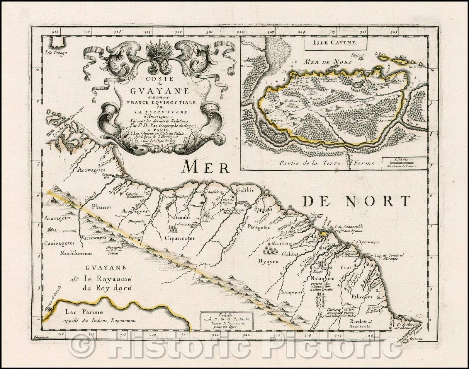 Historic Map - Coste de Guayane autrement France Equionoctiale en La Terre-Ferme d'Amerique, 1677, Pierre Du Val - Vintage Wall Art