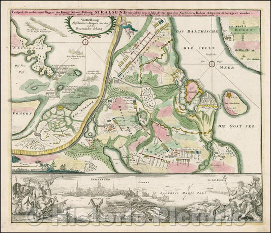 Historic Map - Prospect Grundris und Gegent der Konigl. Schewed. Vestung Stralsund wie Solcheden 15 Julij Ao. 1715 / Battle Plan of Stralsund, 1729 - Vintage Wall Art