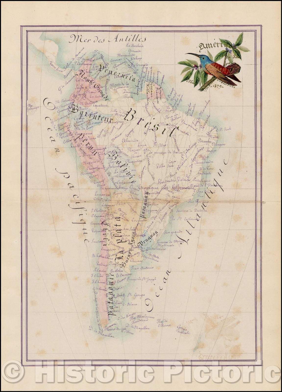 Historic Map - Amerique du Sud, 1879, Marie Demicule - Vintage Wall Art