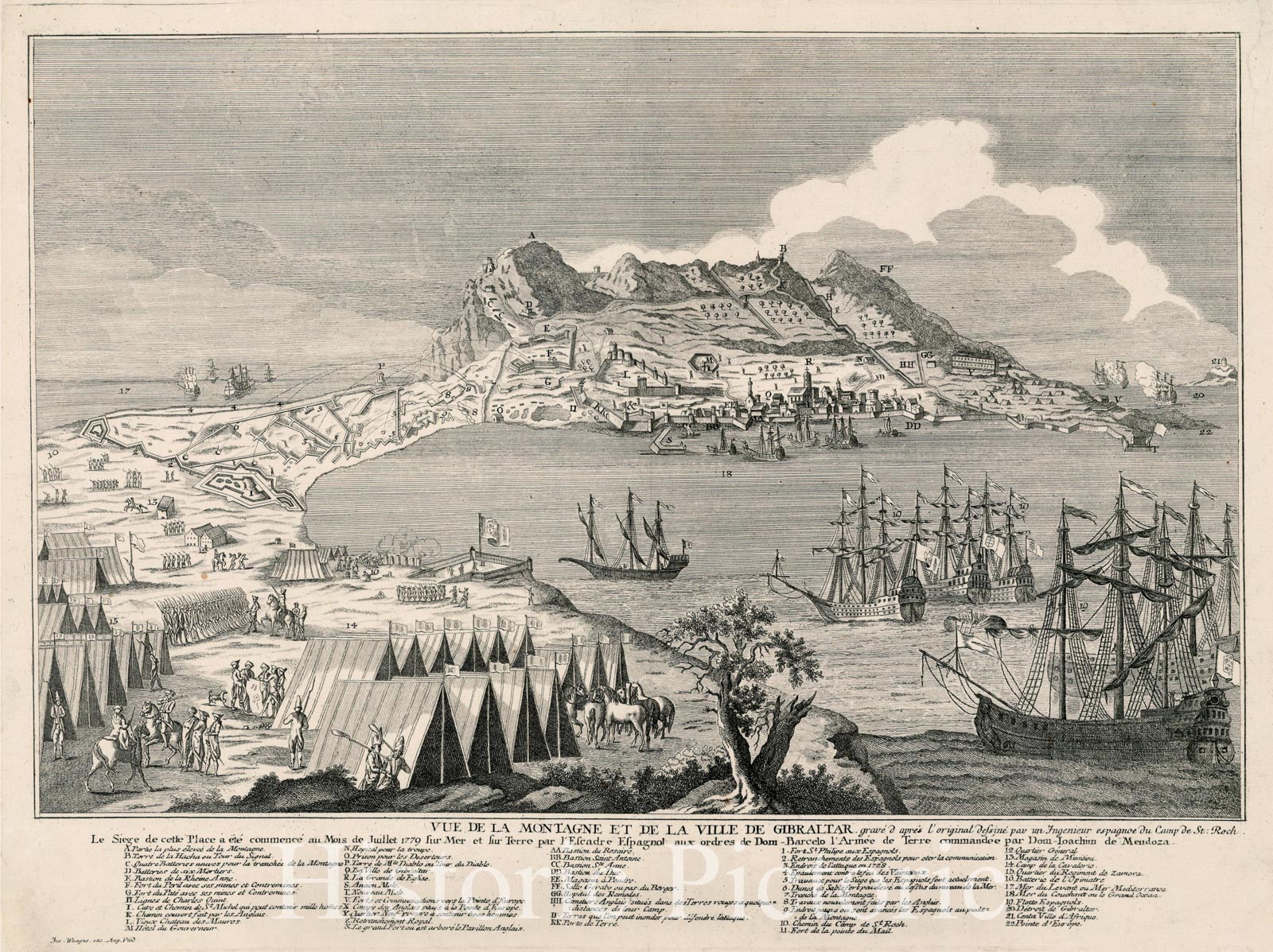 Historic Map - Vue de la montagne et de la ville de Gibraltar grav?d apres/View of the Gibratar, Siege of Gibraltar during the American Revolution, 1780 - Vintage Wall Art