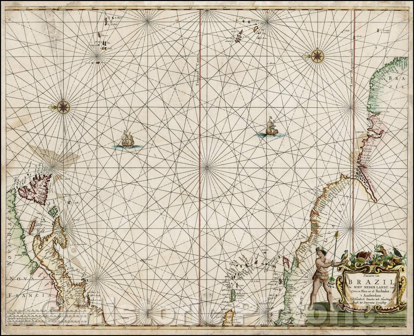 Historic Map - Pascaerte van Brazil en Niev Neder Landt, van Corvo en Flores tot de Barba :: North America from the Carolinas to New Foundland, 1660 - Vintage Wall Art