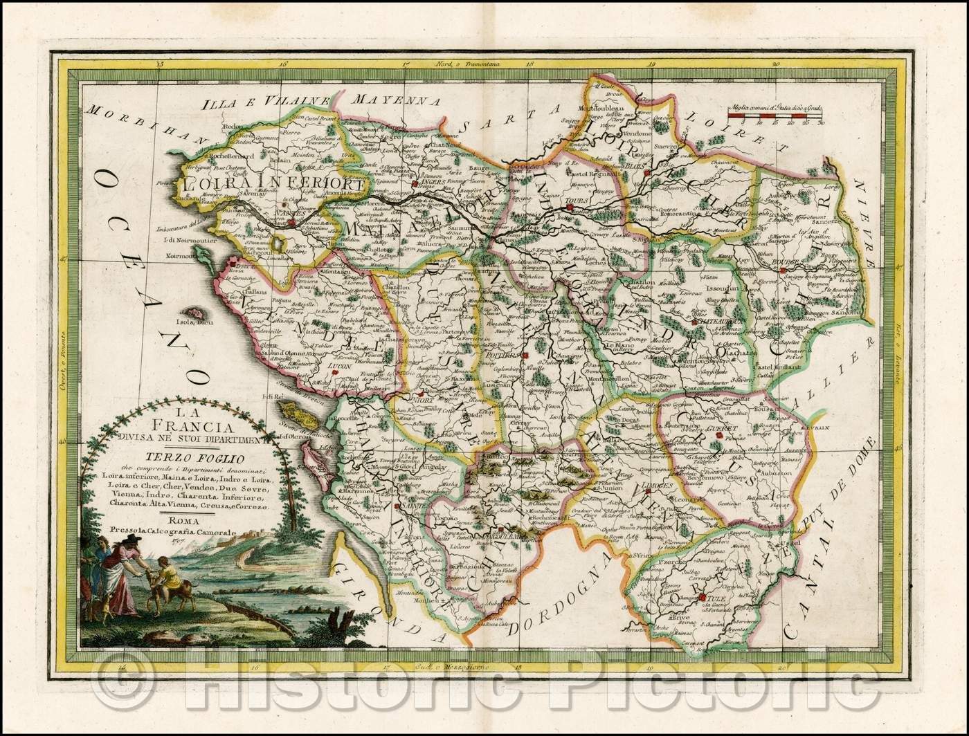 Historic Map - La Francia Divisa Ne' Suoi Dipartimenti - Terzo Foglio che comprende :: France, 1797 - Vintage Wall Art