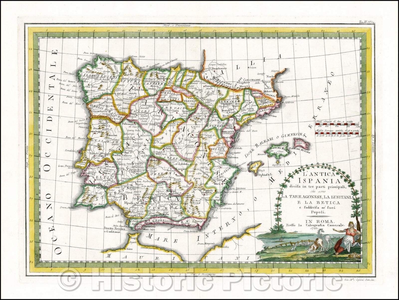 Historic Map - L'Antica Ispania divisa in tre parti principali che sono La trragonese, La, 1799 - Vintage Wall Art