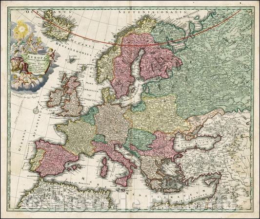 Historic Map - Europa Christiani Orbis Domina in Sua Imperia Regna/Map of Europe by JB Homann, 1720, Johann Baptist Homann - Vintage Wall Art