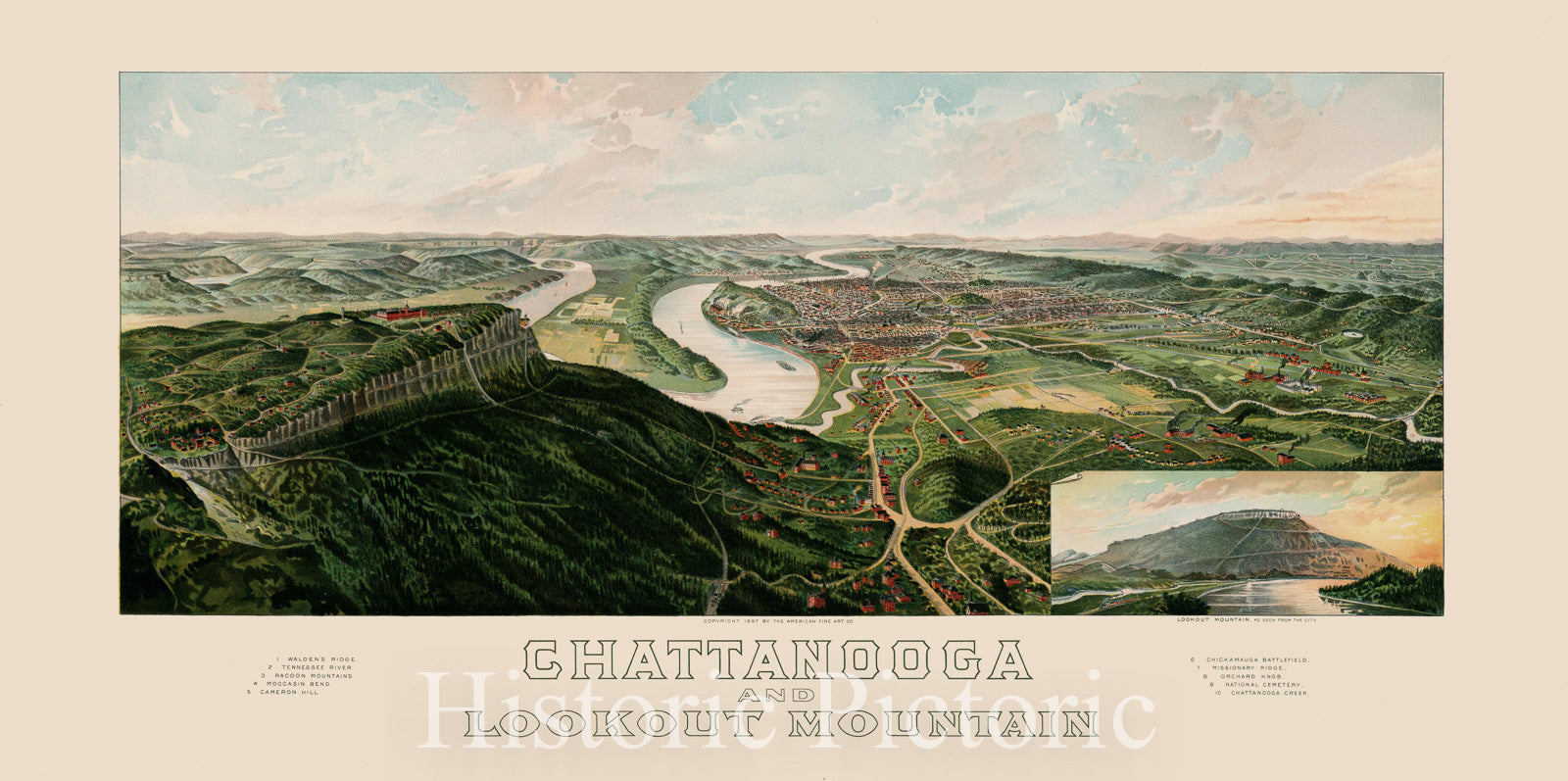 Chattanooga and Lookout Mountain - Bird's Eye View, 1897 | Historical Map Print