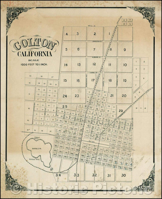 Historic Map - Colton, California [Including Manuscript Annotations - Earp Family Residence!], 1887, Los Angeles Lithographic Co. - Vintage Wall Art