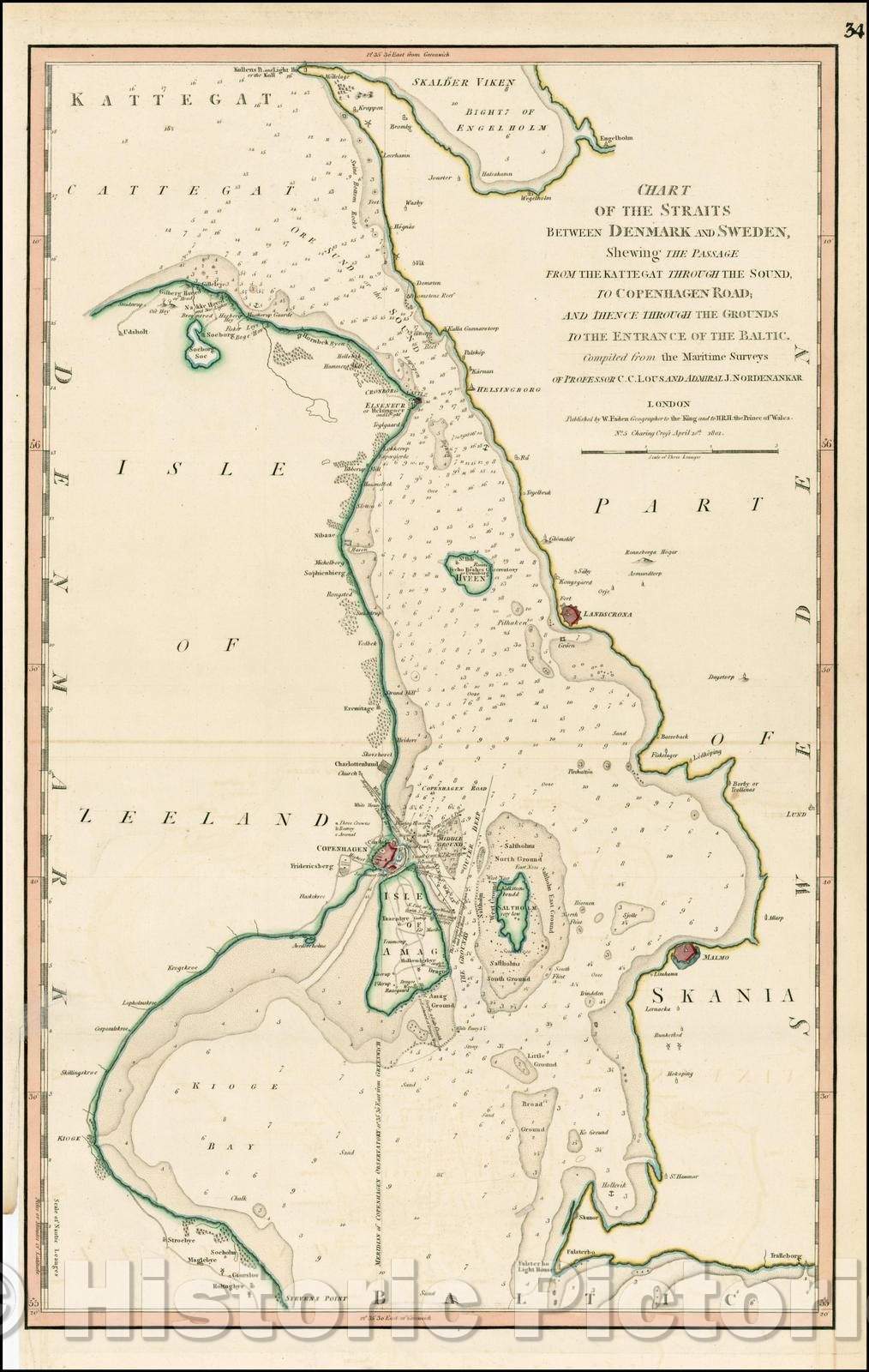 Historic Map - Chart of the Straits Between Denmark and Sweden, Shewing The Passage From the Kattegat Through the Sound,To Copenhagen Road, 1801, William Faden - Vintage Wall Art