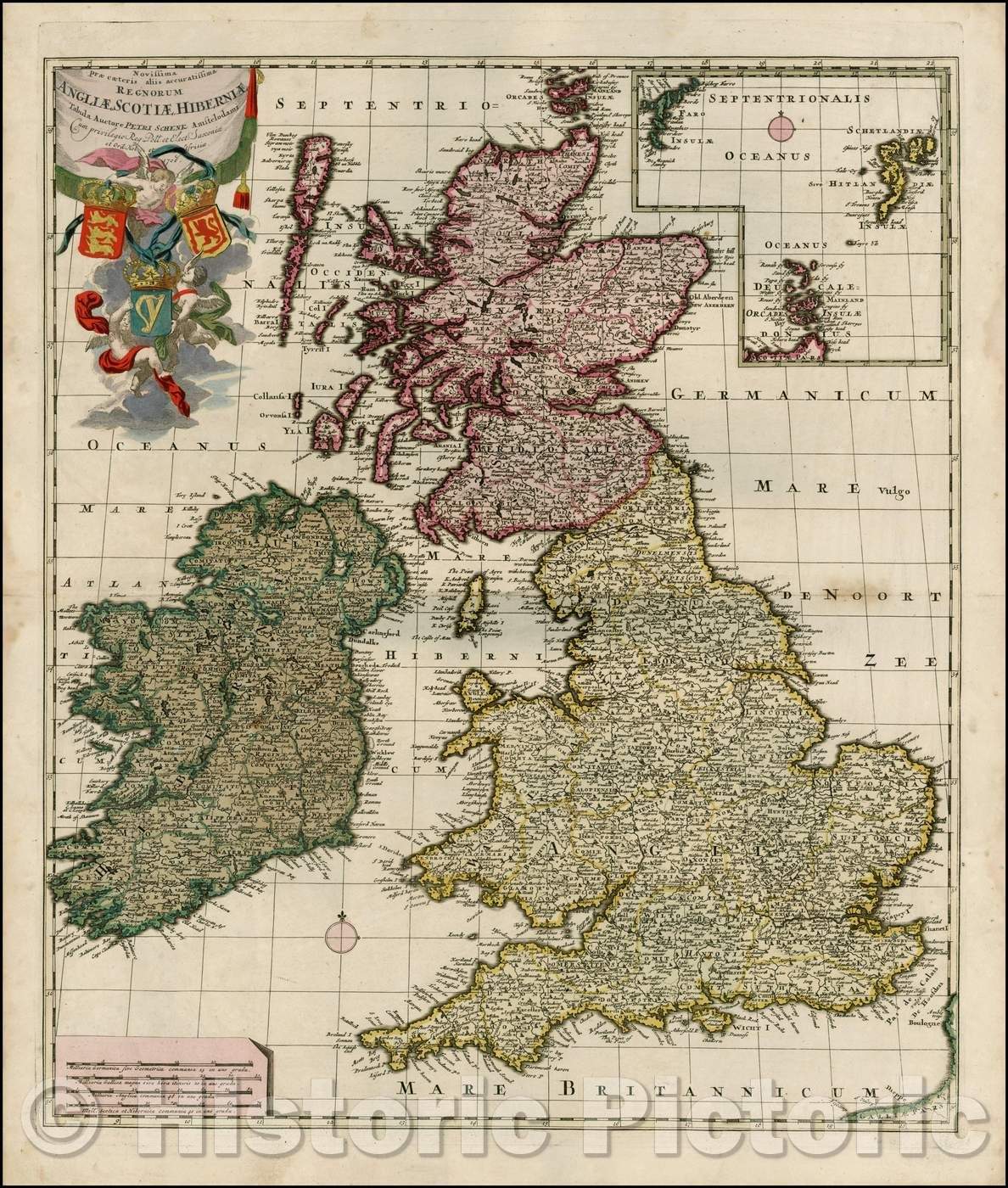 Historic Map - Novissima Prae Caeteris aliis Accuratissima Regnorum Angliae, Scotiae, Hiberniae Tabula, 1706, Peter Schenk v1