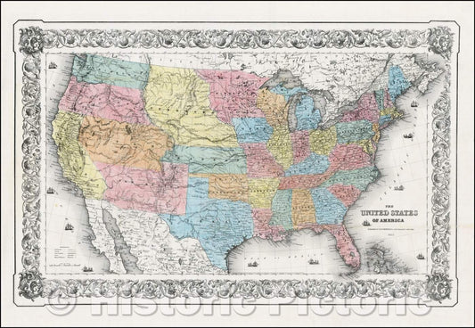 Historic Map - The United States of America, 1855, Joseph Hutchins Colton - Vintage Wall Art