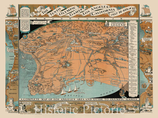 Los Angeles Area - Olympic Games Map, 1932 - Historical Map Print